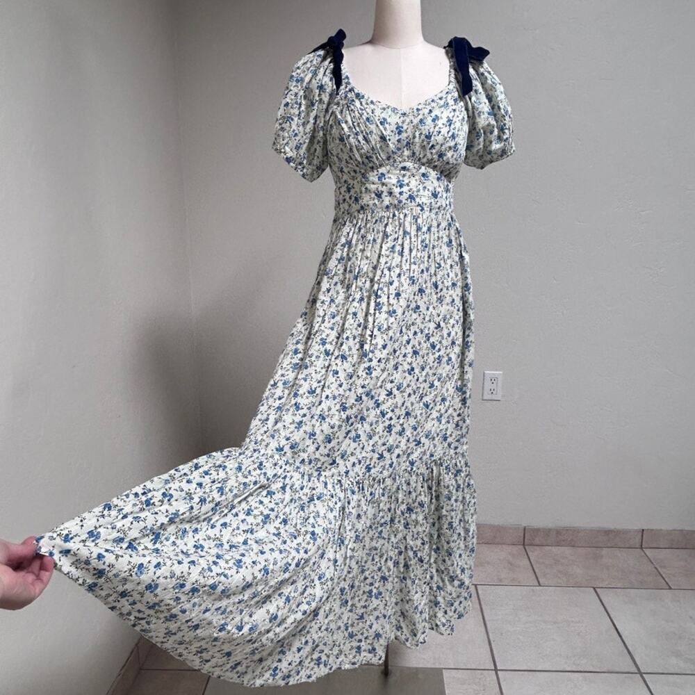 Milkmaid Prairie Maxi Dress Romantic Floral Cotton Puff Sleeve Blue Bow White S